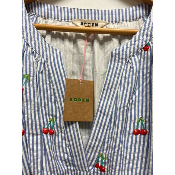 Boden NWT Bria Blue Striped Seersucker Cherry Embroidered A-Line Midi Dress - Picture 11 of 14